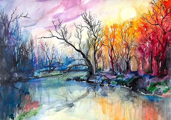 河景观水彩画由slaveika aladjova打印,插图,当代,自然艺术,风景,原创